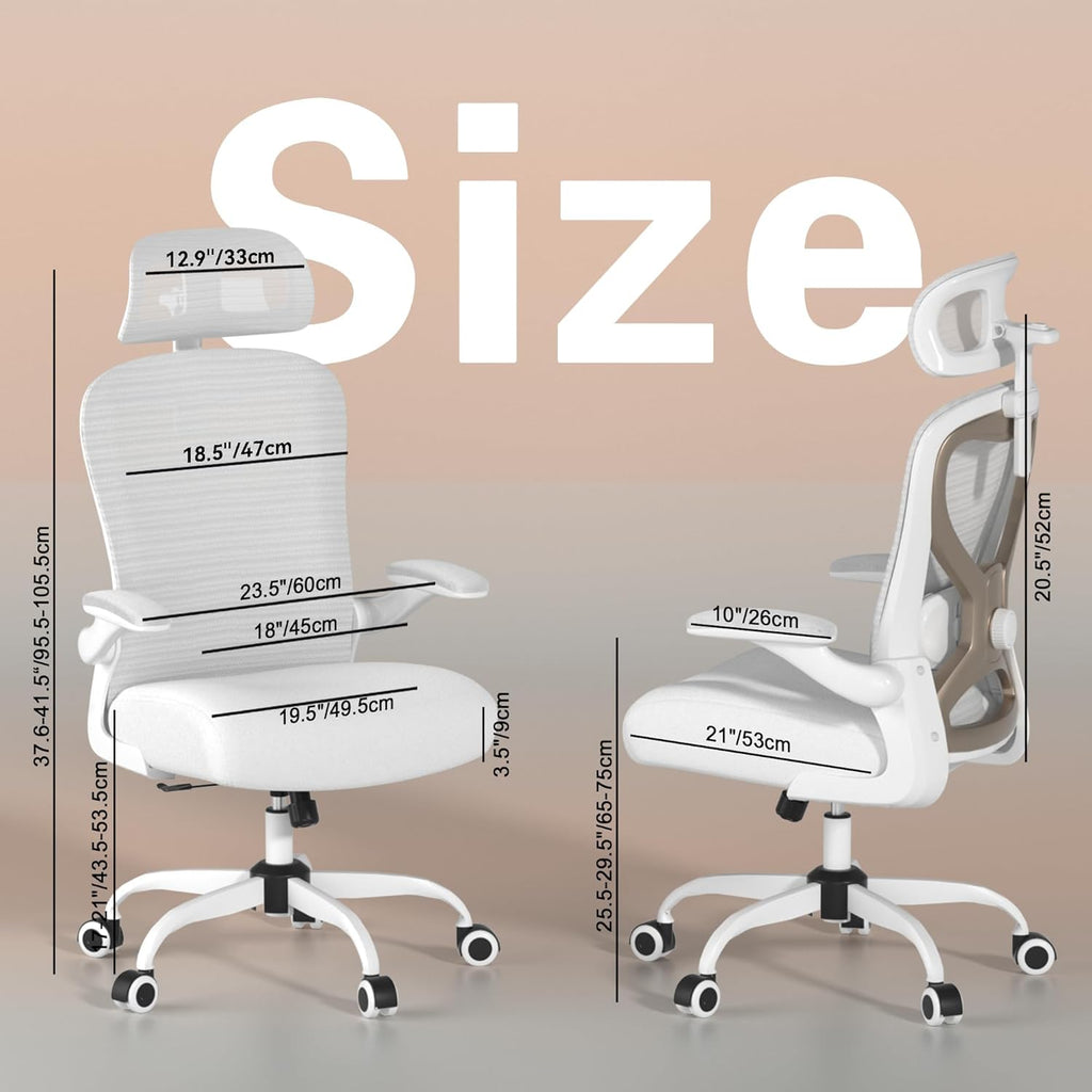 Ergonomic Office Chair for Back & Neck Pain Relief, Virgin Foam Seat, 2D Adjustable Lumbar & 3D Headrest, Tilt & Rock for Relaxation, Ideal for Long Sitting Comfort, White/Gold