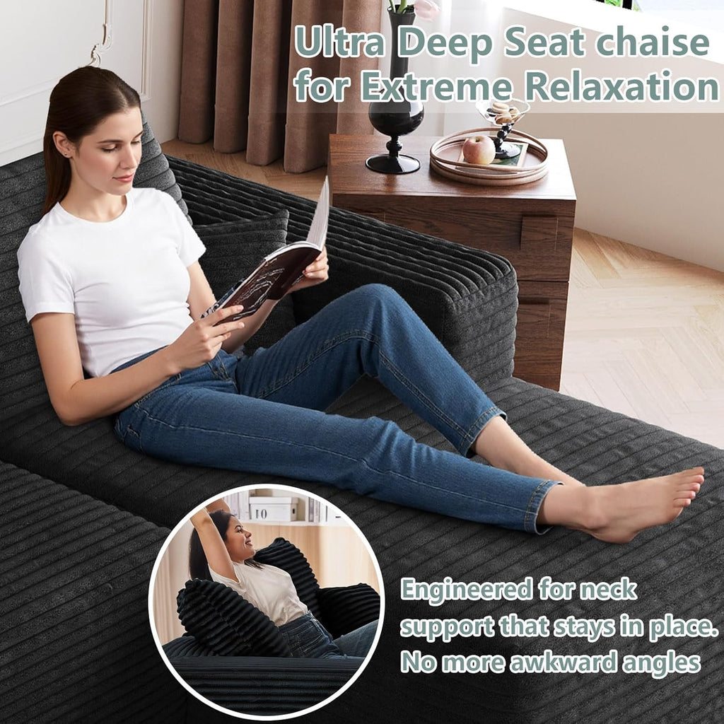 95" Modular Sectional Sofa with Ottoman, Modern Corduroy Cloud Couch with Deep Seat, Boneless Couch Upholstered 3-Seater U-Shaped Sofa for Living Room, No Assembly (Black,Right-Facing Chaise)