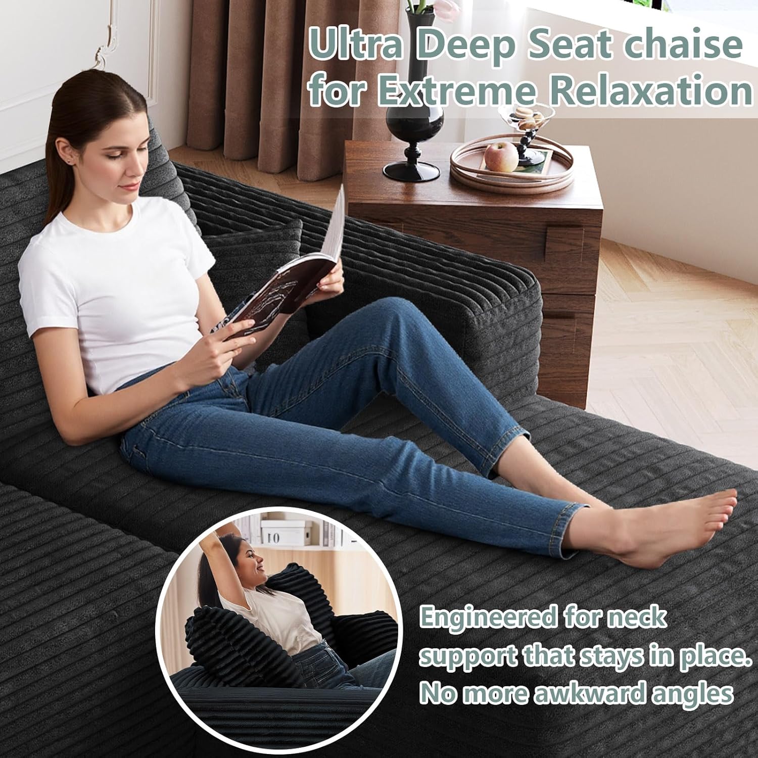 95" Modular Sectional Sofa with Ottoman, Modern Corduroy Cloud Couch with Deep Seat, Boneless Couch Upholstered 3-Seater U-Shaped Sofa for Living Room, No Assembly (Black,Right-Facing Chaise)