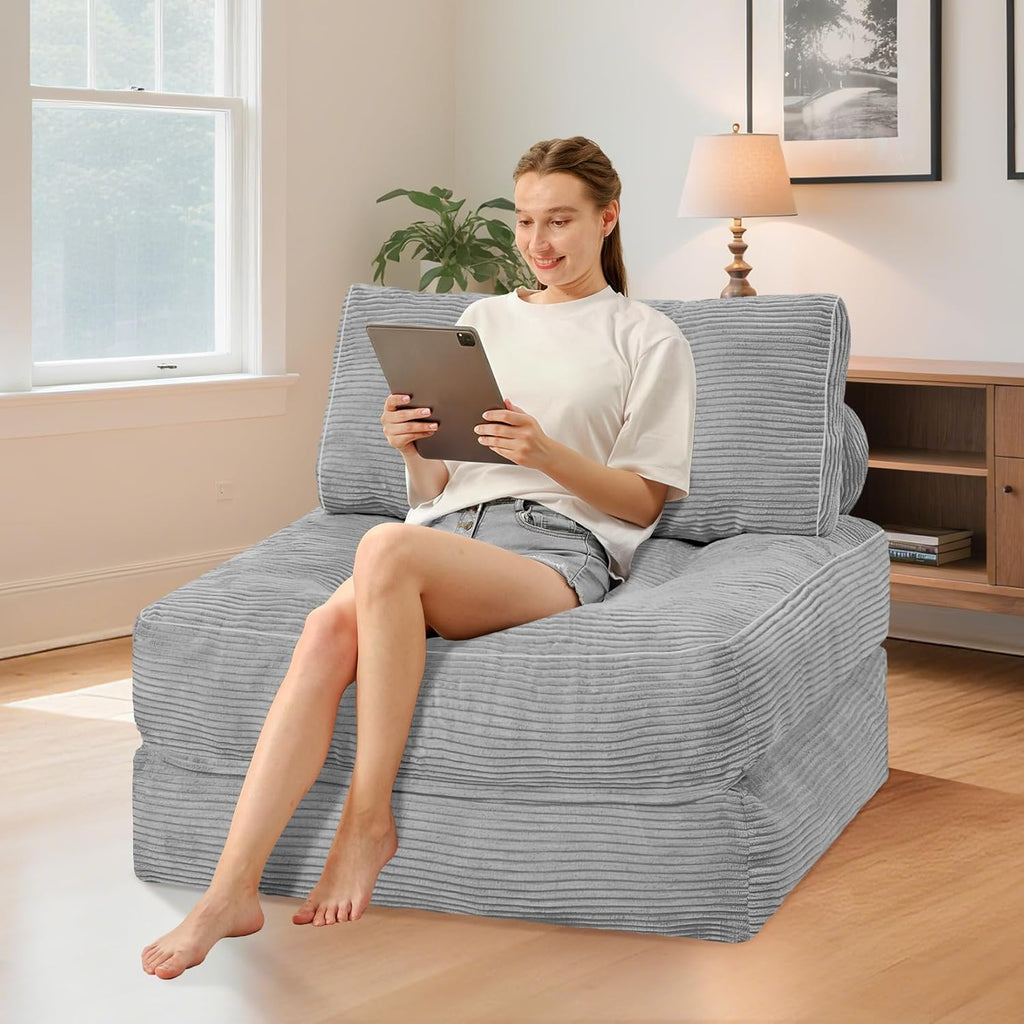 HABUTWAY Folding Sofa Bed, Convertible Sleeper Chair Bed w/Dual-Pillow & Handle, Foldable Floor Sofa Lounge w/Back Support for Living Room, Bedroom, Apartment, Office, Single, Light Grey