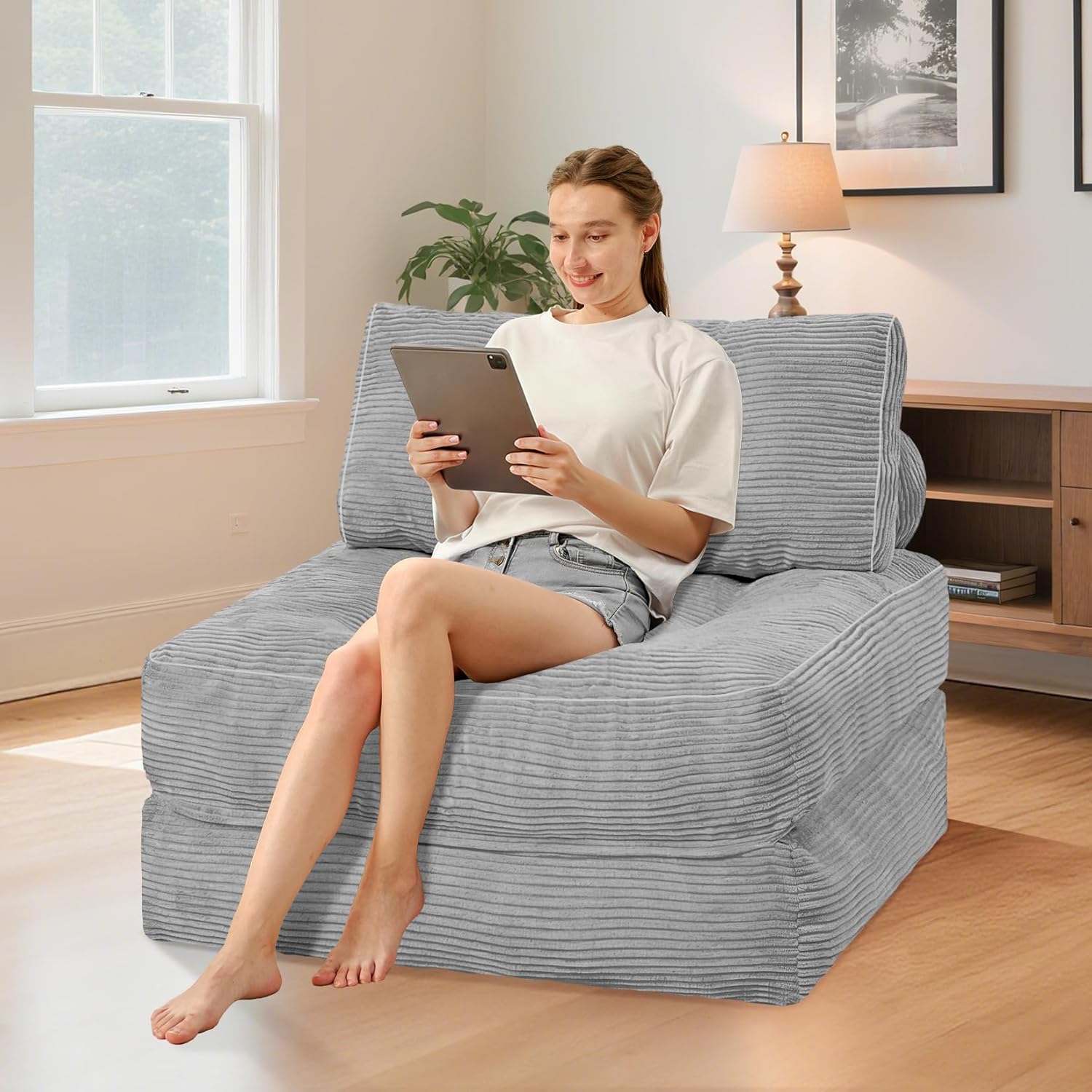 HABUTWAY Folding Sofa Bed, Convertible Sleeper Chair Bed w/Dual-Pillow & Handle, Foldable Floor Sofa Lounge w/Back Support for Living Room, Bedroom, Apartment, Office, Single, Light Grey