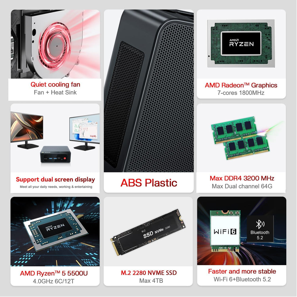 Beelink SER5 Pro Mini PC  AMD Ryzen 5 5500U(7nm  6C/12T) up to 4.0GHz  Mini Computer 16GB DDR4 RAM 500GB NVME SSD  Micro PC 4K@60Hz Triple Display  Mini Gaming Computer WiFi6/BT5.2/HTPC