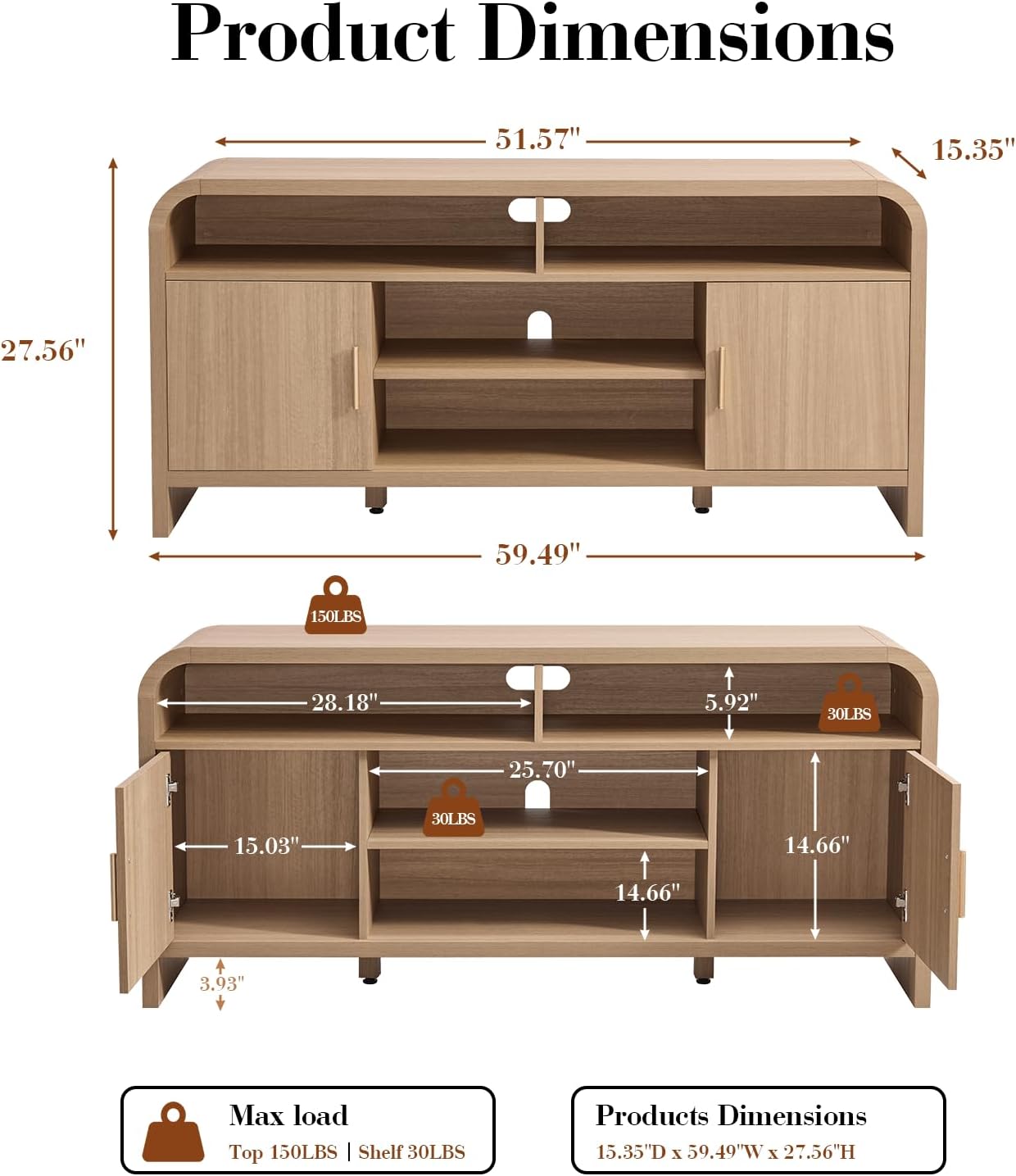 TV Stand for TVs Up to 65'' - Unique Curved Profile, FSC-Certified Wooden Board Entertainment Center with Adjustable Shelves and Storage Cabinet Modern Media Console for Living Room