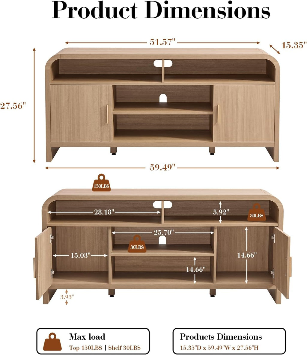 TV Stand for TVs Up to 65'' - Unique Curved Profile, FSC-Certified Wooden Board Entertainment Center with Adjustable Shelves and Storage Cabinet Modern Media Console for Living Room