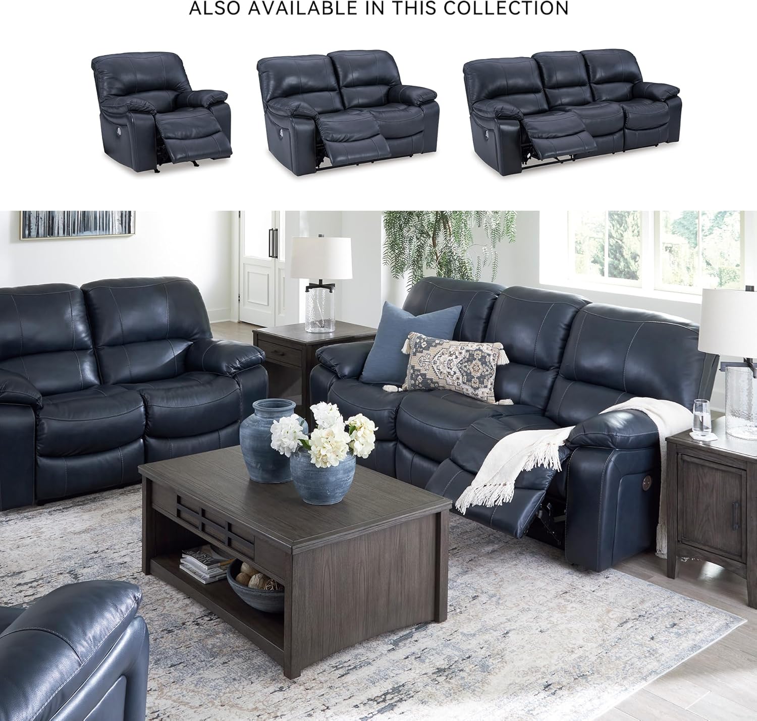 Signature Design By Ashley Leesworth Modern Power Rocker Recliner, USB Port, Gentle Rocking, Top Grain Leather and Matched Leather, 41" W x 41" D x 41" H, Blue