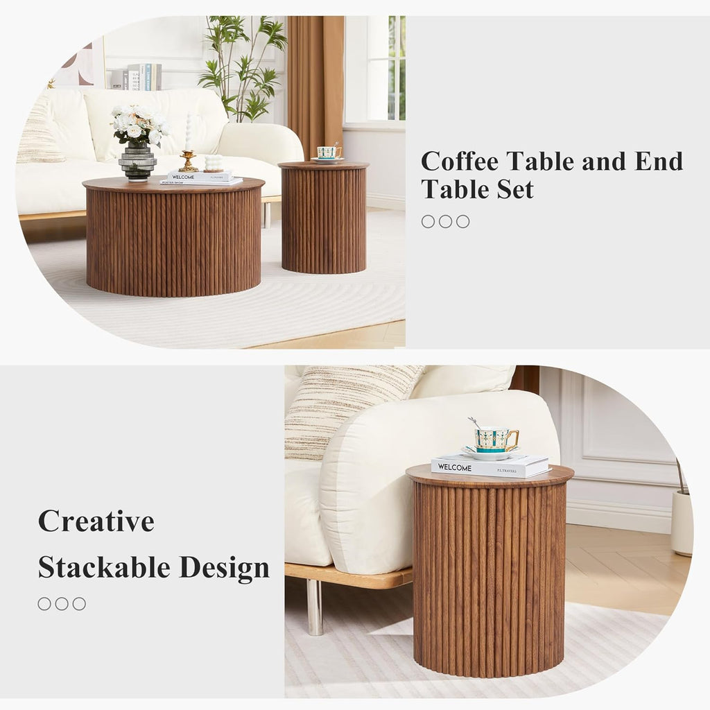 Fluted Round Nesting Coffee Table Set of 2, Mid Century Modern Wood Coffee Tables and End Table Set, Circle Side Table Minimalist Center Tables for Living Room, Office(Walnut)