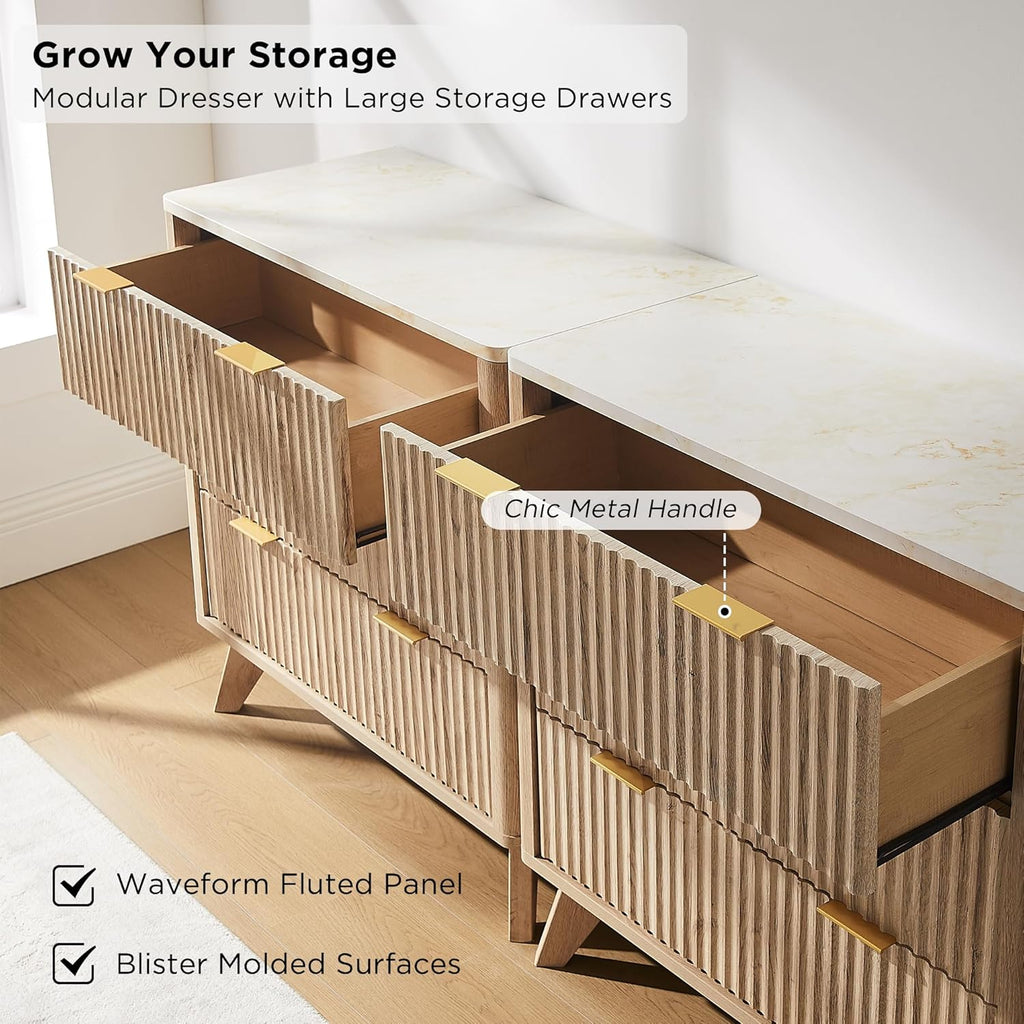 T4TREAM Set of 2 Fluted 3 Drawer Dresser, 32" Tall Modern Chest of Drawers with Faux Marble Top, Curved Profile Design, Wood Organizer for Bedroom, Living Room, Hallway, Entryway, Natural Oak