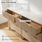 T4TREAM Set of 2 Fluted 3 Drawer Dresser, 32" Tall Modern Chest of Drawers with Faux Marble Top, Curved Profile Design, Wood Organizer for Bedroom, Living Room, Hallway, Entryway, Natural Oak