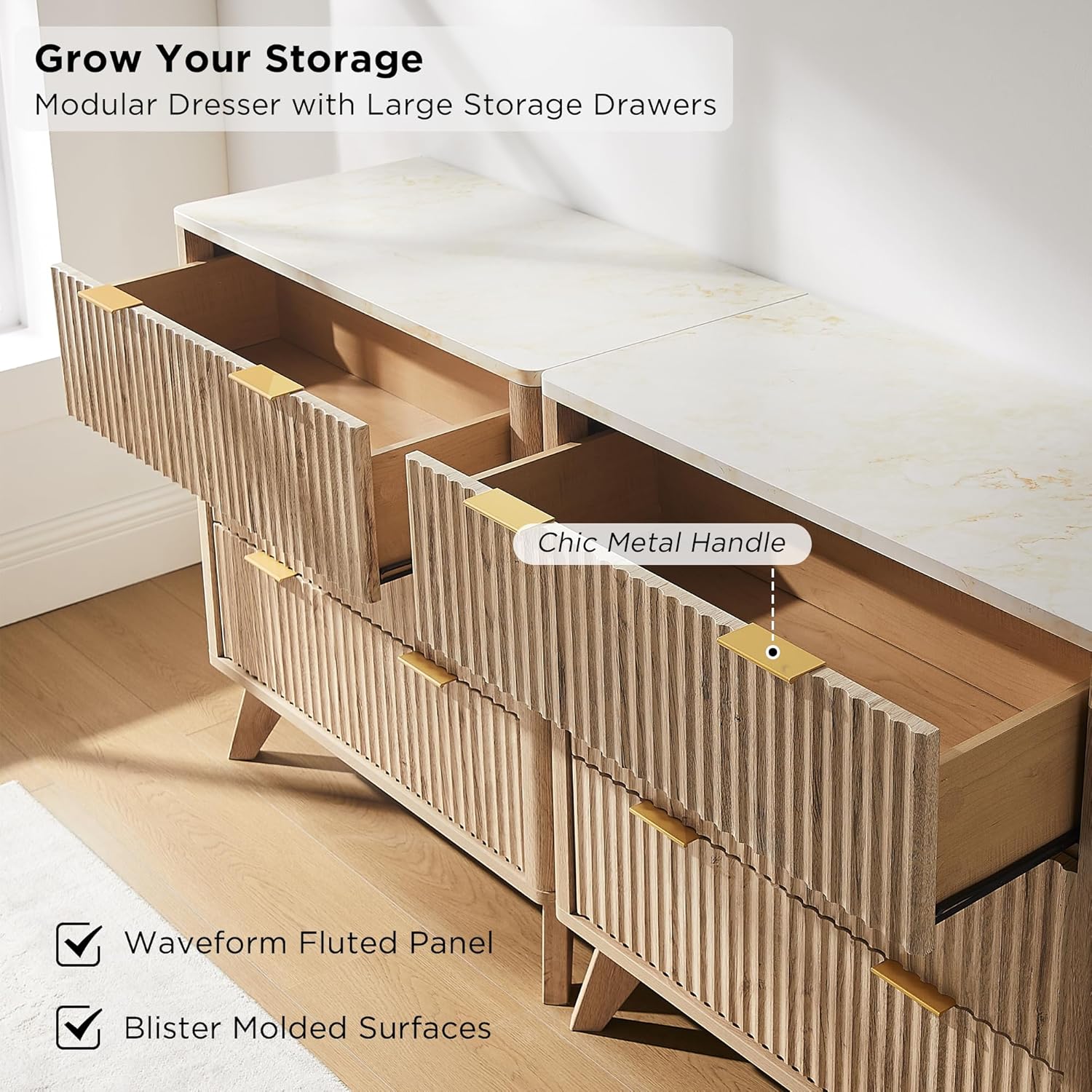 T4TREAM Set of 2 Fluted 3 Drawer Dresser, 32" Tall Modern Chest of Drawers with Faux Marble Top, Curved Profile Design, Wood Organizer for Bedroom, Living Room, Hallway, Entryway, Natural Oak