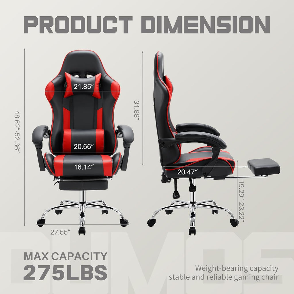 DUMOS Ergonomic Gaming Office Desk Chair with Footrest and Headrest for Adults, PU Leather Video Computer Chair with Linkage Armrests, Height Adjustable 360° Swivel Recling Chair, Black Red