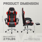 DUMOS Ergonomic Gaming Office Desk Chair with Footrest and Headrest for Adults, PU Leather Video Computer Chair with Linkage Armrests, Height Adjustable 360° Swivel Recling Chair, Black Red