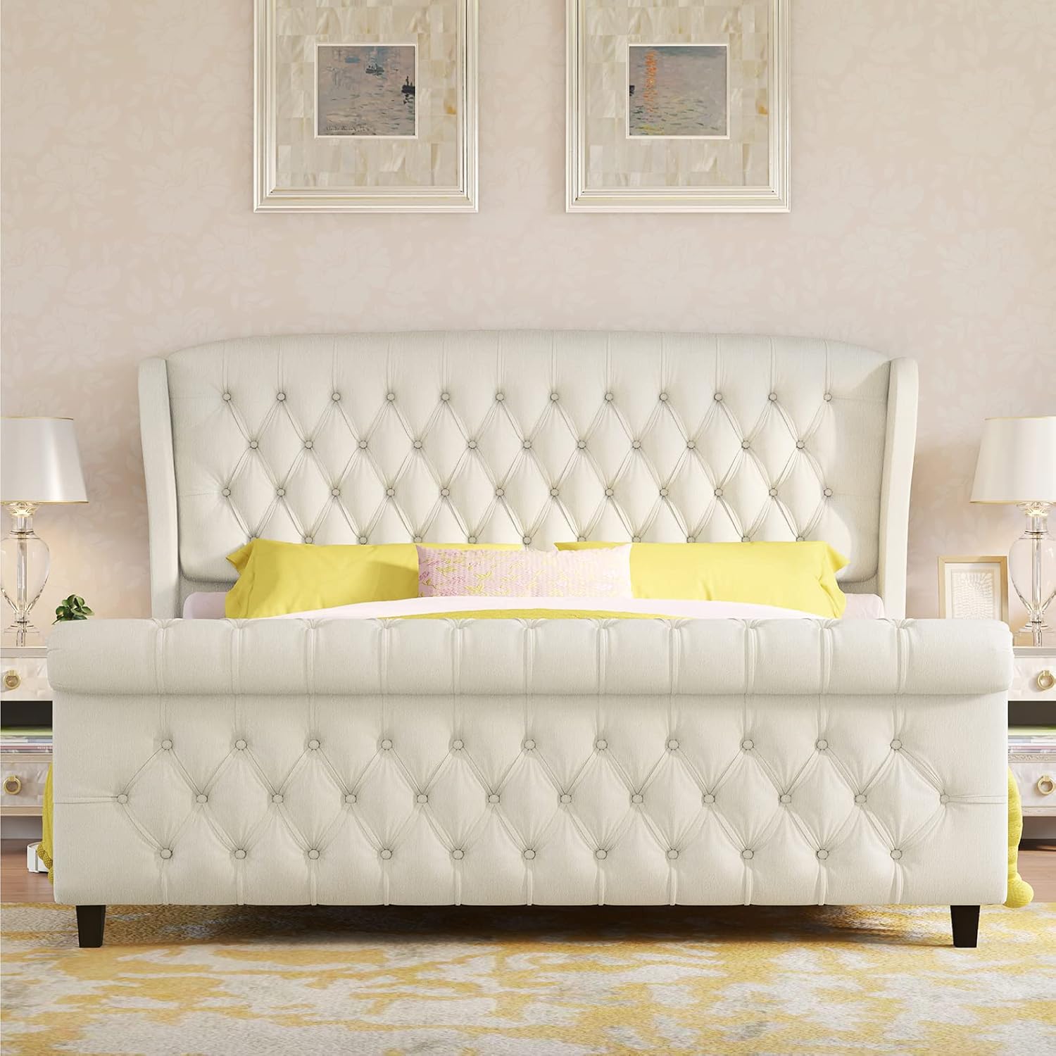 King Size Platform Bed Frame, Chenille Upholstered Sleigh Bed with Curved Headboard & Footboard, Deep Button Tufted, Wood Slats Support, No Box Spring Needed, Cream