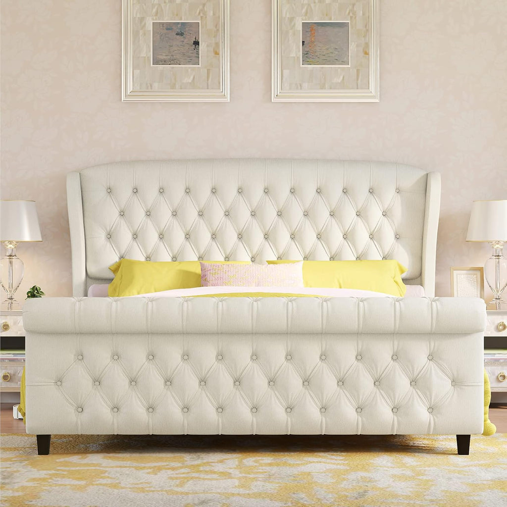 Queen Size Platform Bed Frame, Chenille Upholstered Sleigh Bed with Curved Headboard & Footboard, Deep Button Tufted, Wood Slats Support, No Box Spring Needed, Cream