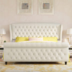 Queen Size Platform Bed Frame, Chenille Upholstered Sleigh Bed with Curved Headboard & Footboard, Deep Button Tufted, Wood Slats Support, No Box Spring Needed, Cream