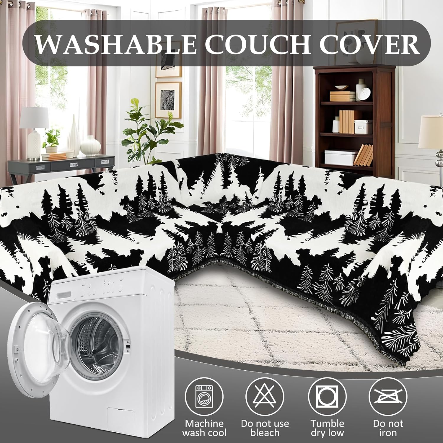 1OO% Waterproof Sectional Couch Covers for Dogs L Shaped Corner Sofa Cover Washable Chenille Sofa Slipcovers Blanket Modern Jacquard Pet Furniture Protector (91"x252", Black Forest)