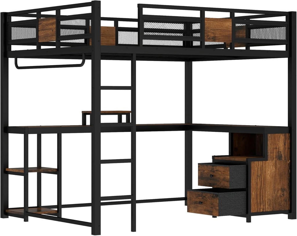 Bellemave Queen Loft Bed with Desk and Fabric Drawer, Metal Queen Loft Bed Frame with guardrail and Ladder for Adults, Kids, Teens, Black