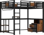 Bellemave Queen Loft Bed with Desk and Fabric Drawer, Metal Queen Loft Bed Frame with guardrail and Ladder for Adults, Kids, Teens, Black