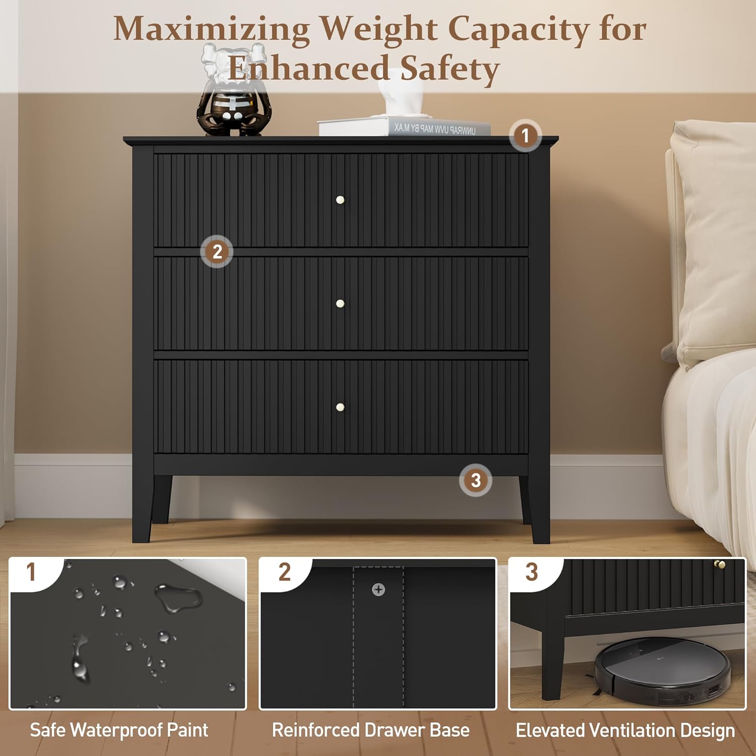RoyalCraft 32" Large Nightstand Set of 2, Fluted Painted Bedside Table with 3 Spacious Drawers, Modern Tall End Table for Bedroom, Black