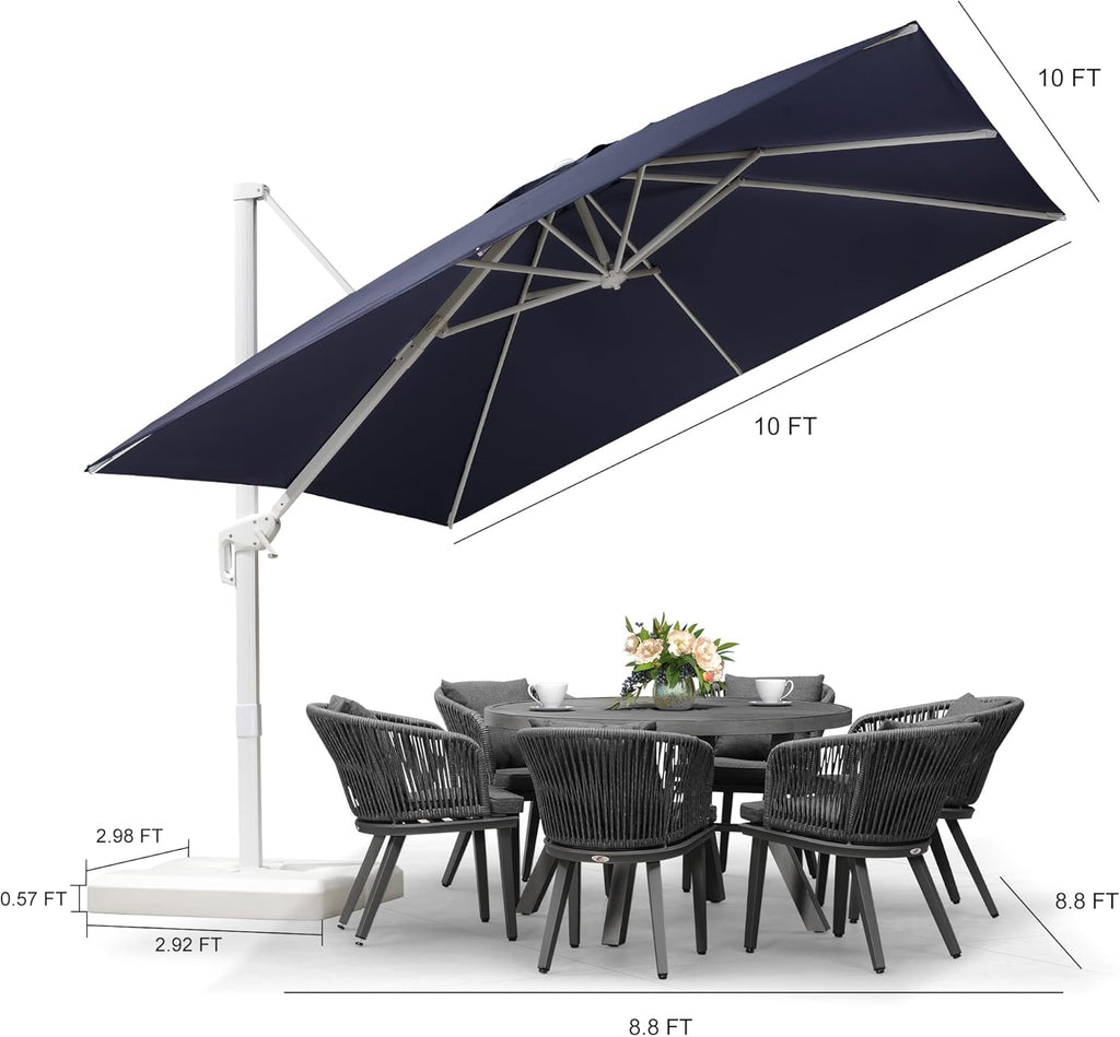 PURPLE LEAF 10 FT Patio Umbrella With Base White Cantilever Umbrella Square Outdoor Offset Umbrella Windproof with 360° Rotation for Garden Deck Pool, Navy Blue