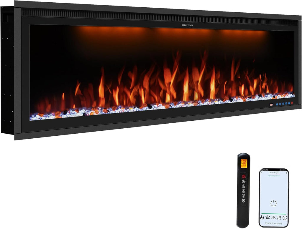 Benrocks 60'' WiFi- Enabled Electric Fireplace Inserts - Alexa & App Control, Slim Recessed & Wall Mounted, 13 * 13 * 3 Flame Color Combinations, 750W/1500W, Black