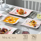 MALACASA Dinnerware Sets, 30-Piece Pink Plates and Bowls Sets for 6, Porcelain Dinnerware Set with Plates and Bowls, Cups and Sacuers, Square Dish Set, Modern Dining Ware Set, Series Flora