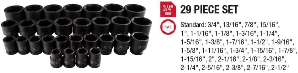 SUNEX TOOLS 4696 3/4-Inch Drive SAE Master Impact Socket Set, Standard, 6-Point, Cr-Mo, 3/4-Inch - 2-7/17-Inch, 29-Piece