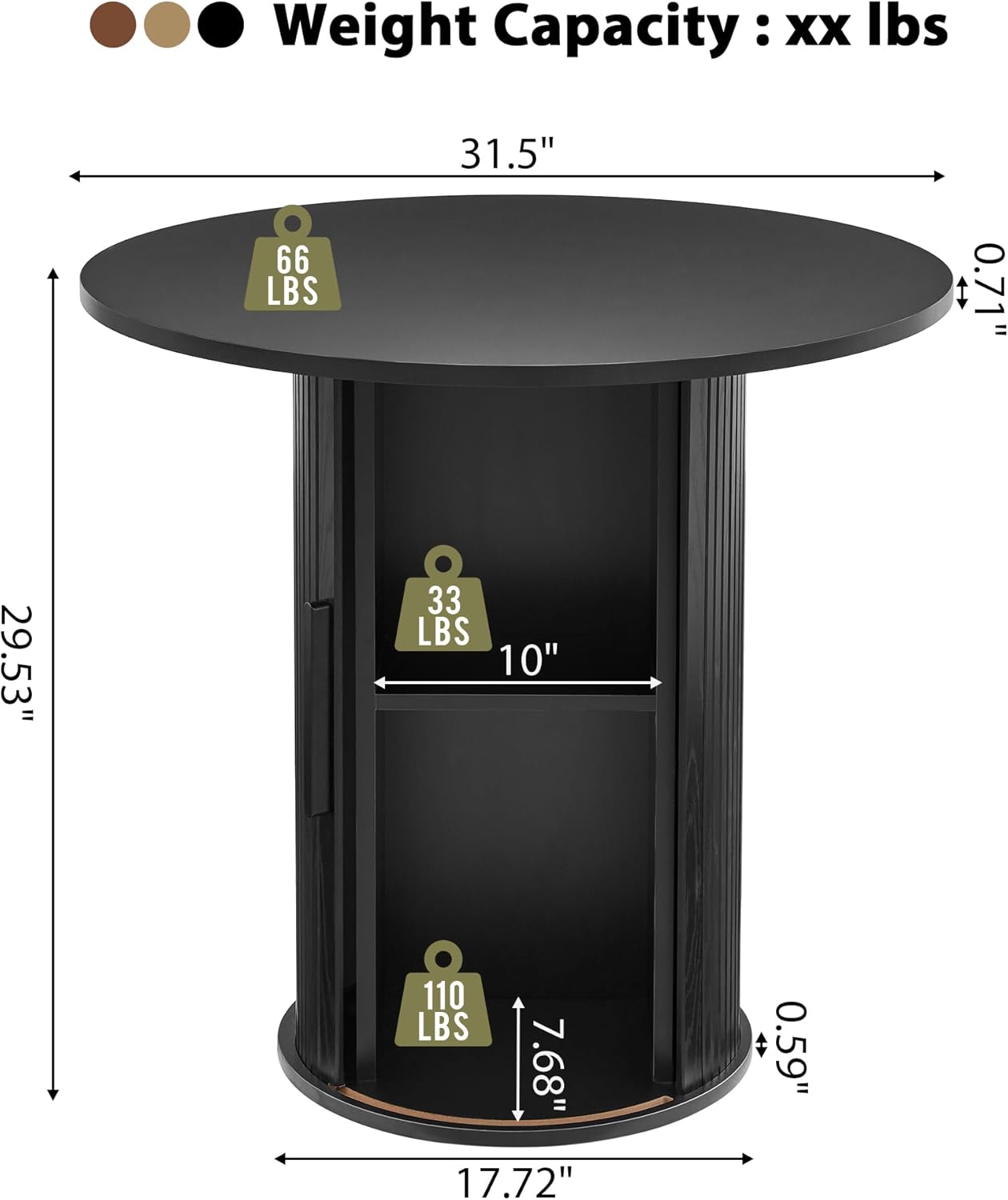 31.5" Round Dining Table for 2-4, Modern Kitchen Table with 2-Tier Storage Shelf, Small Wooden Circle Dining Tables with Fluted Base for Home Dining Room Living Room (Black)