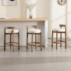 LukeAlon Mid Century Linen Counter Stools Set of 3, Upholstered 26.5" Seat Height Low Barstools with Natural Wood Legs Round Low Back Kitchen Stools with Footrest for Dining Room, Beige