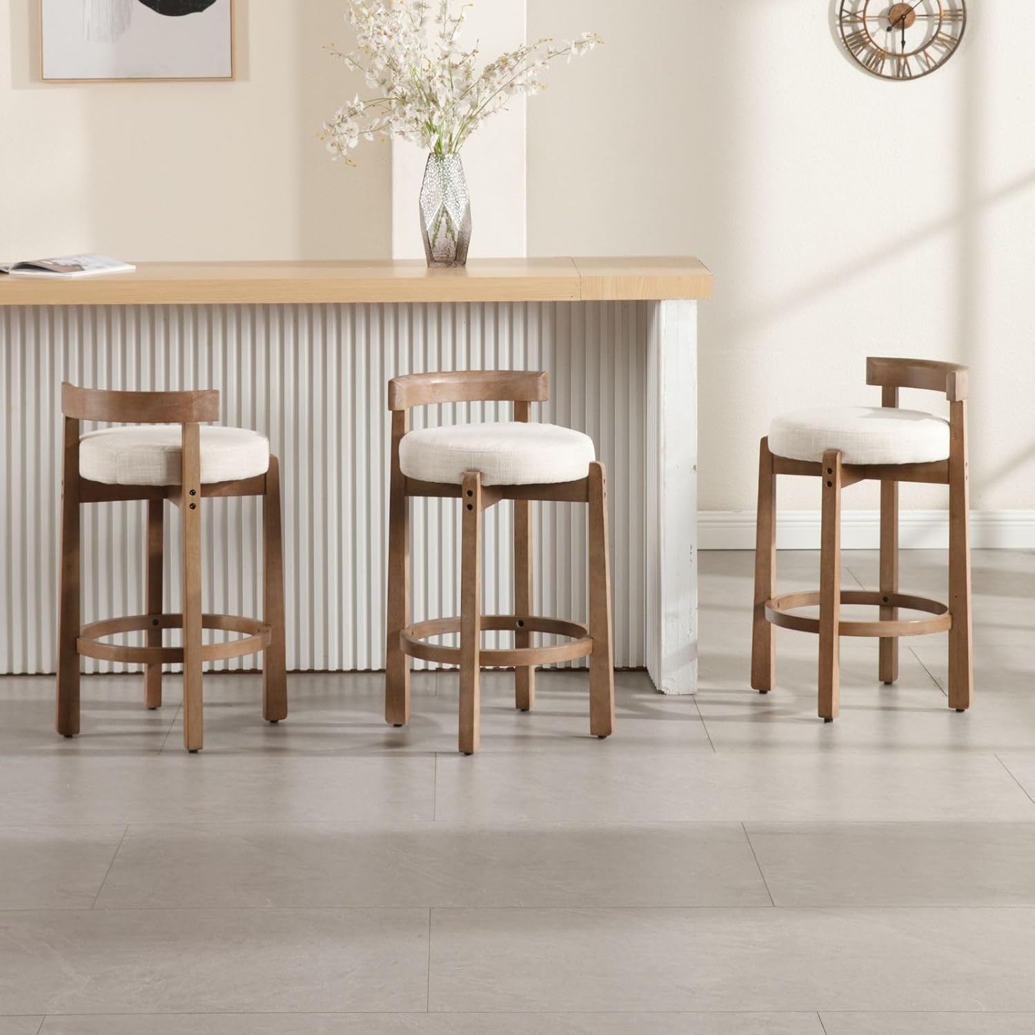 LukeAlon Mid Century Linen Counter Stools Set of 3, Upholstered 26.5" Seat Height Low Barstools with Natural Wood Legs Round Low Back Kitchen Stools with Footrest for Dining Room, Beige