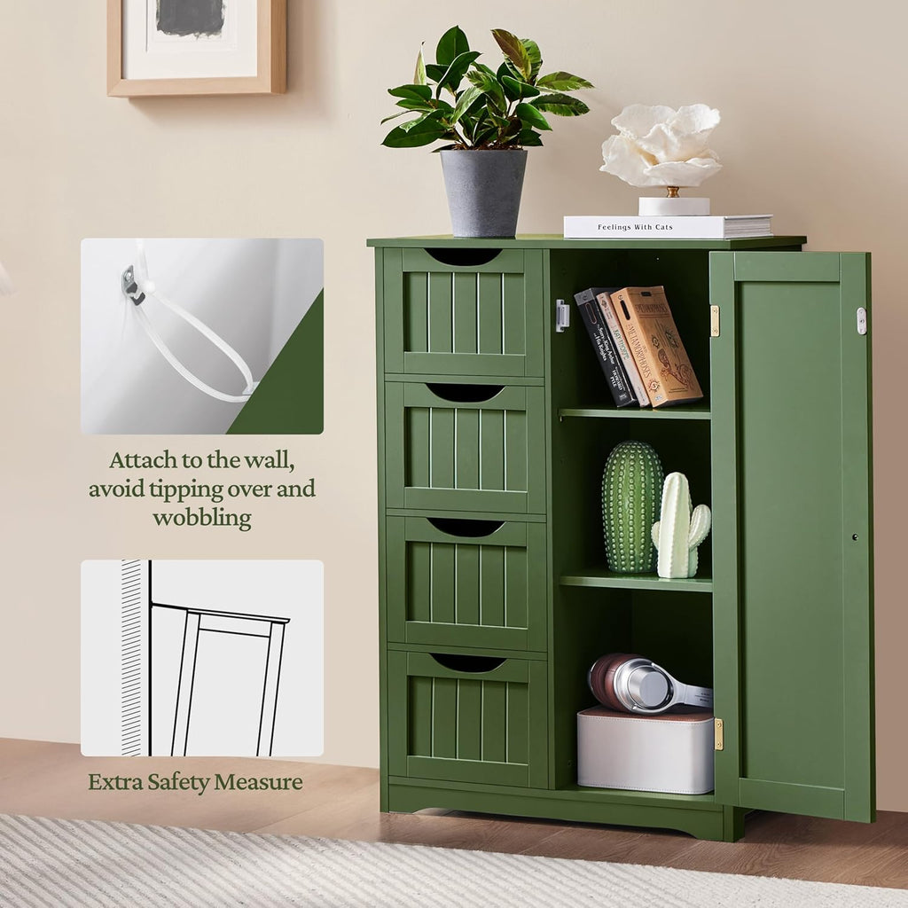 Yaheetech Wooden Bathroom Floor Cabinet, Side Storage Organizer Cabinet with 4 Drawers and 1 Cupboard, Freestanding Entryway Storage Unit Console Table, Bathroom Furniture Home Decor, Green