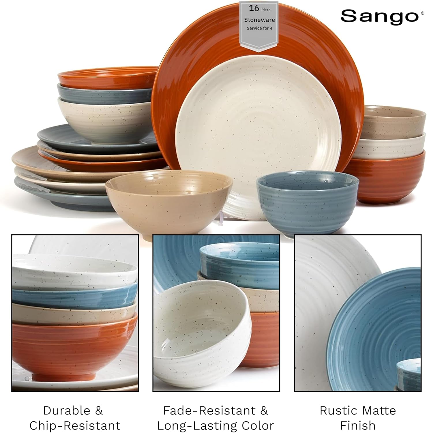 Sango Siterra Painter's Palette 16-Piece Stoneware Dinnerware Set - Service for 4, Ceramic Plates and Bowls Sets, Chip Resistant, Rustic Dishware, Microwave & Dishwasher Safe Kitchen Dishes