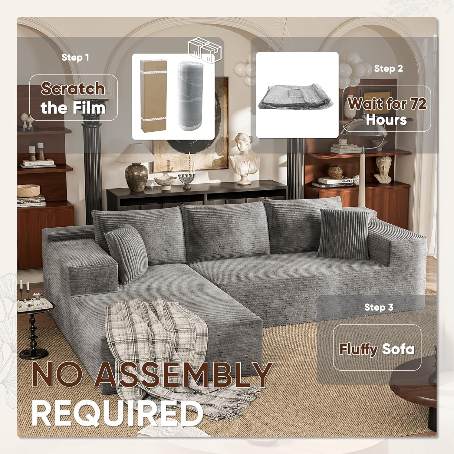 VICTONE 108” Cloud Sectional Couches, Boneless Couch Modular L-Shaped Sofa with Deep Seat, Modern Comfort Upholstered Sofas for Living Room, No Assembly Required (Corduroy, Grey)