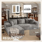 VICTONE 108” Cloud Sectional Couches, Boneless Couch Modular L-Shaped Sofa with Deep Seat, Modern Comfort Upholstered Sofas for Living Room, No Assembly Required (Corduroy, Grey)