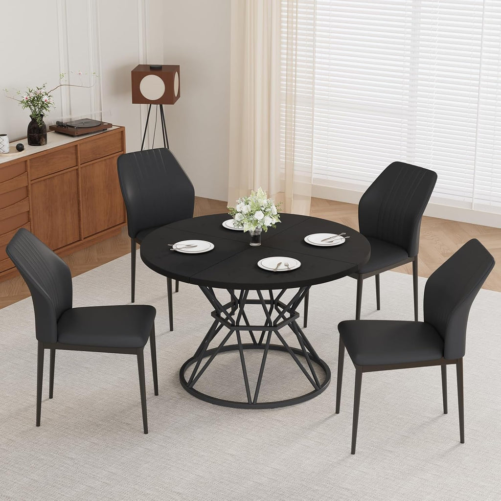 47.24" Round Dining Table Set for 4, 5 Piece Dining Room Table Set, Circle Kitchen Table and Chairs for Dining Room, Living Room, Kitchen, Apartment(Black Table + 4 Black Faux Leather Chairs)