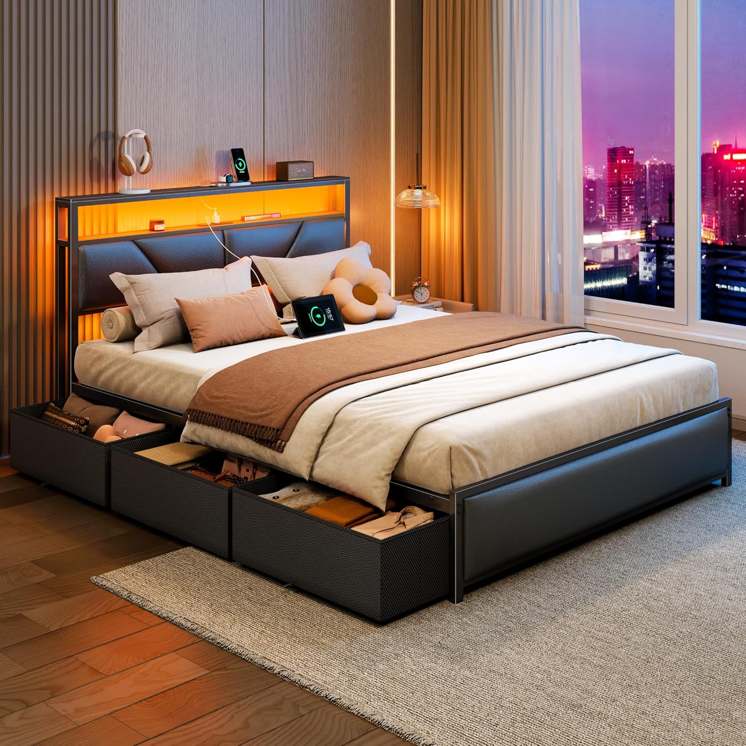 Queen Bed Frame, 2-Tier Storage Headboard & 6 Fabric Drawers, PU Leather Upholstered Queen Size Platform Bed with Charging Station and LED Lights, No Box Spring Needed, Noise Free