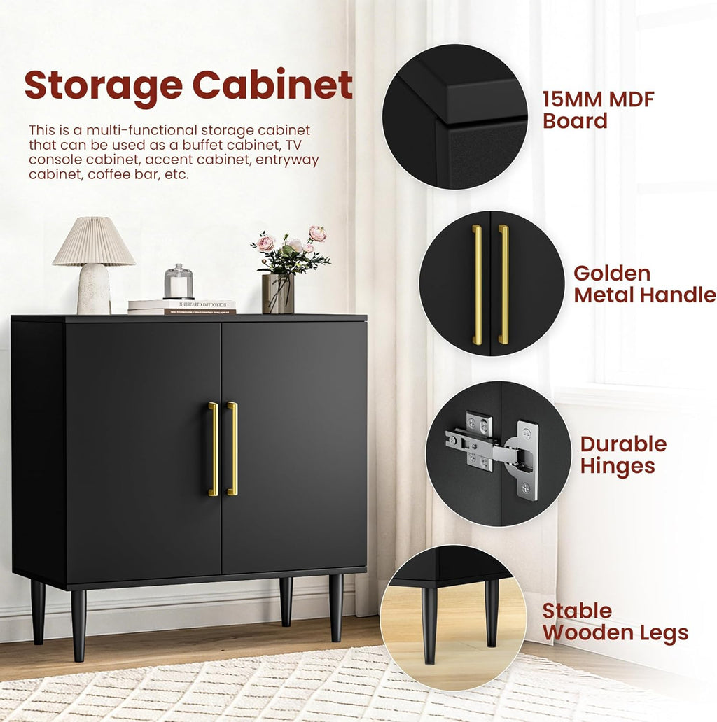 Black Buffet Cabinet, Free Standing Sideboard with Storage, Wood Accent Cabinet with Doors,Modern Credenza, Sideboard Storage Cabinet for Living Room, Dining Room(1, Black & Gold)