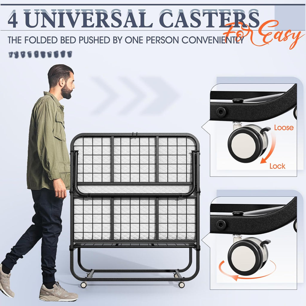 INTERGREAT Folding Bed, 75" x 31"Cot Size Portable Folding Beds for Adults, Metal Foldable Bed on Wheels for Guest, Space Saving Roll Away Beds for Easy Storage
