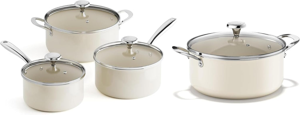 Redchef Cooking Pot Set Induction 5Qt, Saucepan Set 2.5/3.5Qt and 5 Qt Stock Pot with Lid, Compatible All Cooktops, Even Heat, Stay-Cool Handles, PTFE PFAS Free (Beige)