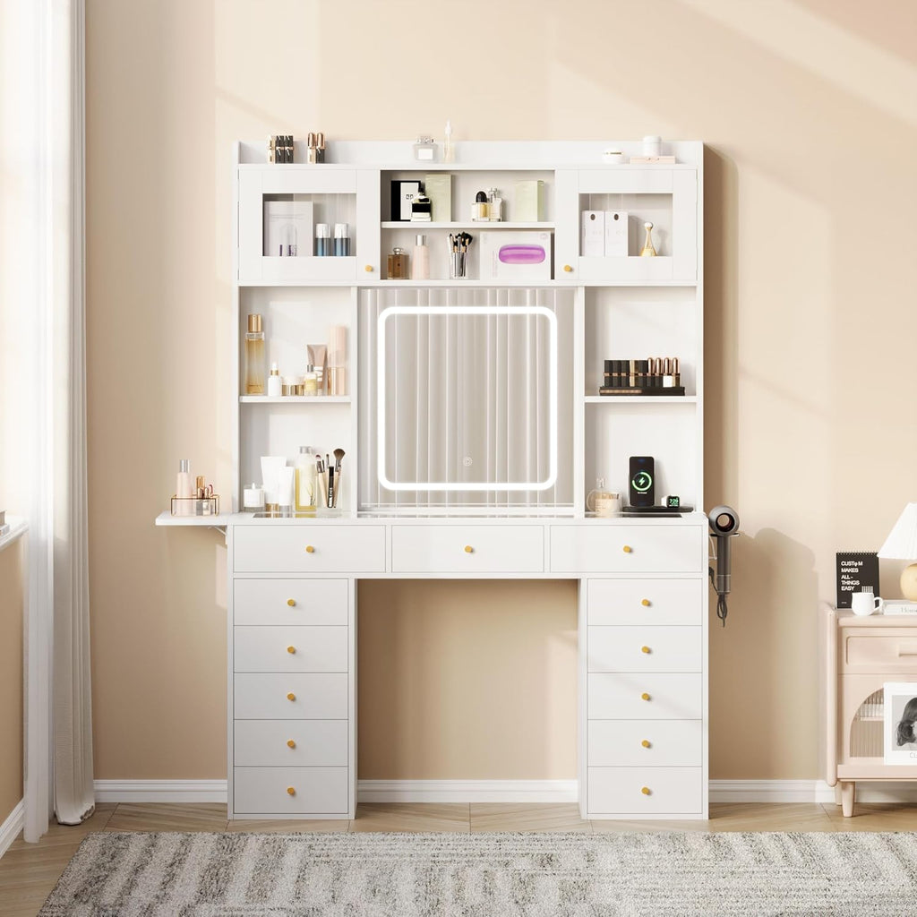 Vanity Desk with Mirror and Light, 47.2''W White Makeup Vanity with Glass Top and 13 Drawers, Fold-up Panel, Modern Vanity Table Set with Stool for Women Girls