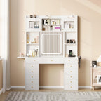 Vanity Desk with Mirror and Light, 47.2''W White Makeup Vanity with Glass Top and 13 Drawers, Fold-up Panel, Modern Vanity Table Set with Stool for Women Girls