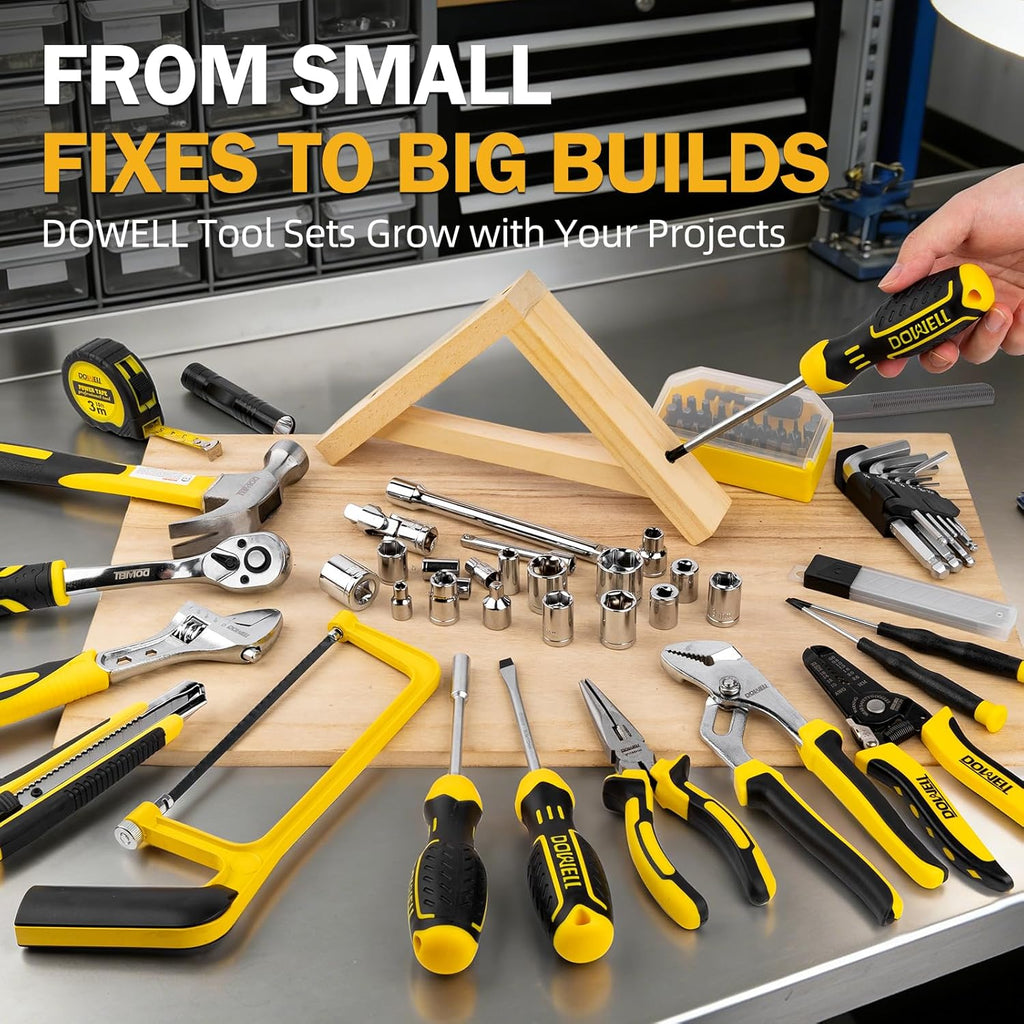 DOWELL 219-Piece Home Tool Set with 3.6V Electric Screwdriver, General Household Tool Kit in Drawer Toolbox for DIY, Furniture Assembly & Repair (Screwdriver, Hex Keys, Wrench, Hammer Included)