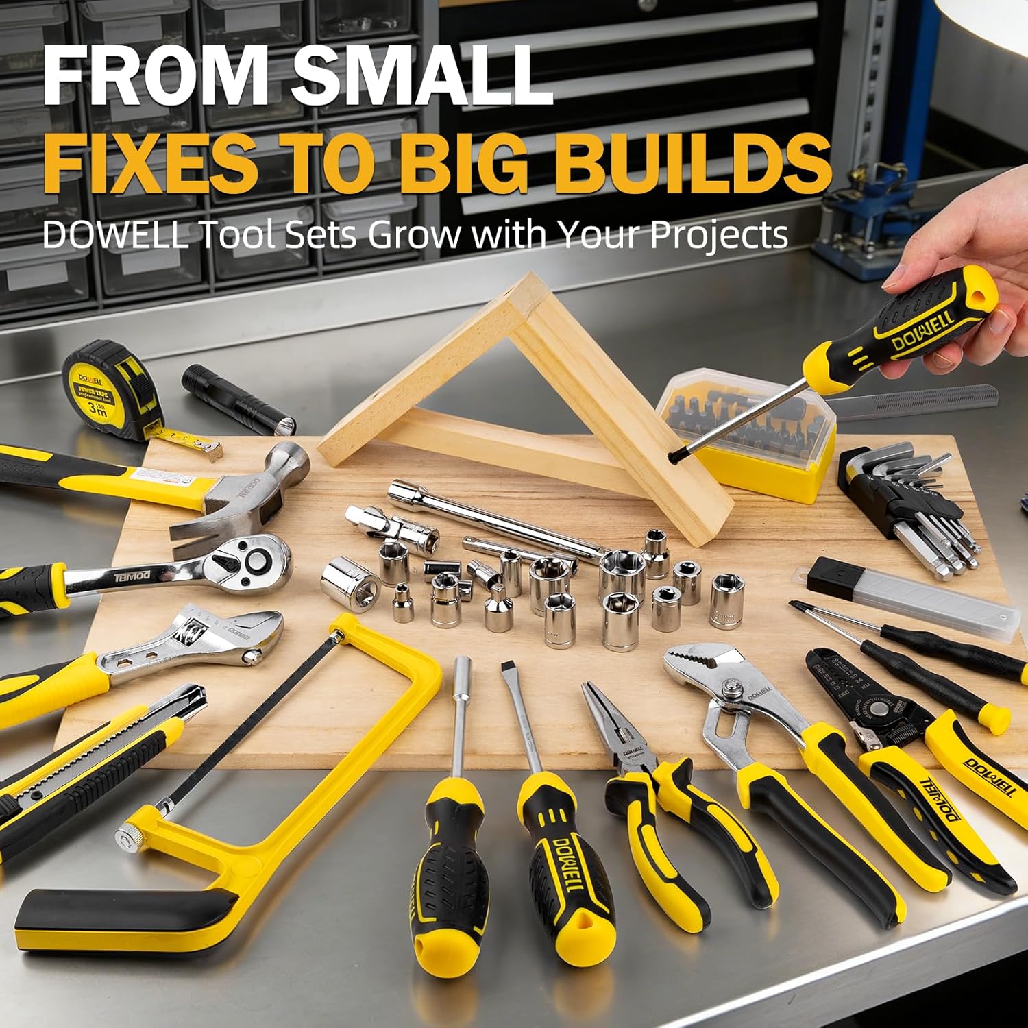 DOWELL 219-Piece Home Tool Set with 3.6V Electric Screwdriver, General Household Tool Kit in Drawer Toolbox for DIY, Furniture Assembly & Repair (Screwdriver, Hex Keys, Wrench, Hammer Included)
