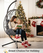 SWITTE Hanging Egg Chair with Stand, Outdoor Indoor Rattan Wicker Egg Swing Chair with Cushion, Heavy Duty Patio Hammock Chairs for Garden Backyard Balcony Bedroom, 400LBS Capacity, Dark Grey