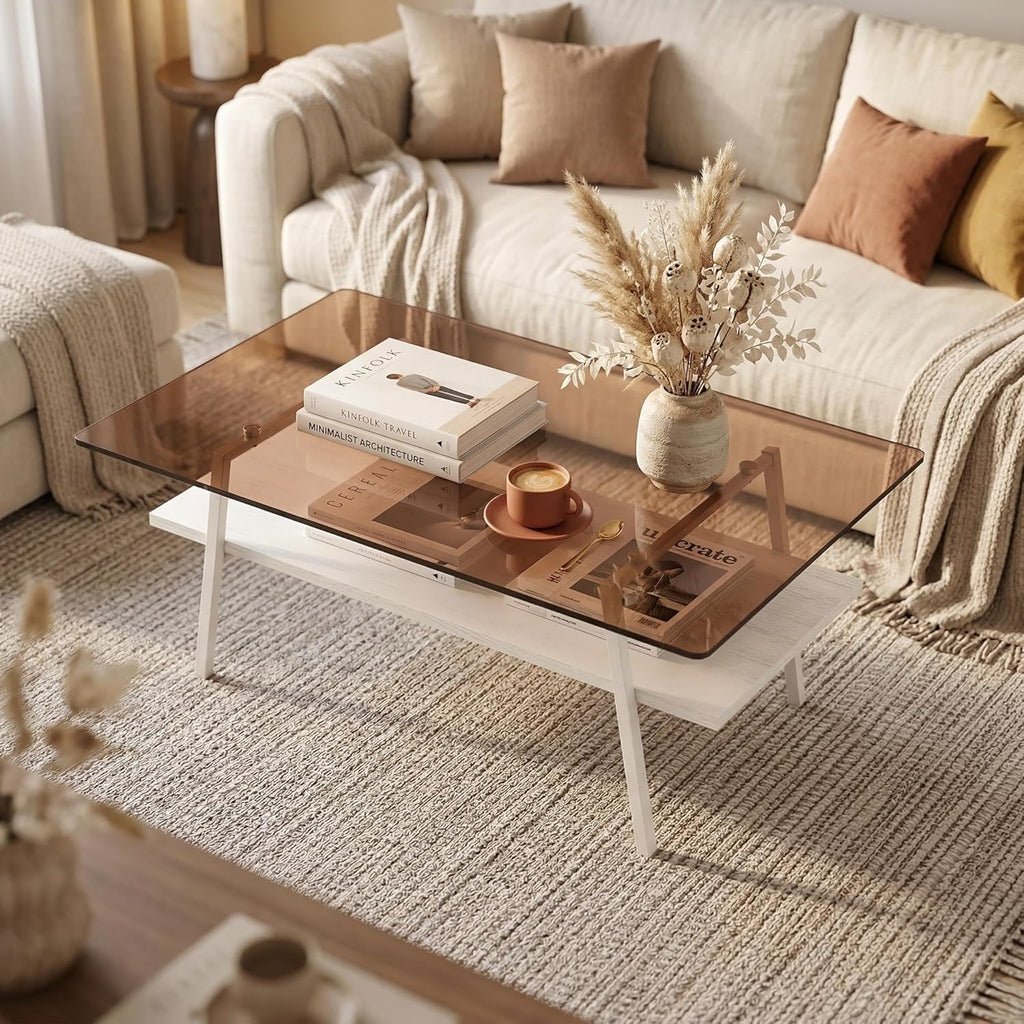 Casaphoria Rectangle Coffee Table, Modern Brown Tempered Glass Top Center Table with White Storage Shelf & Metal Legs, 2-Tier Living Room Furniture, 39 Inch, Easy Assembly