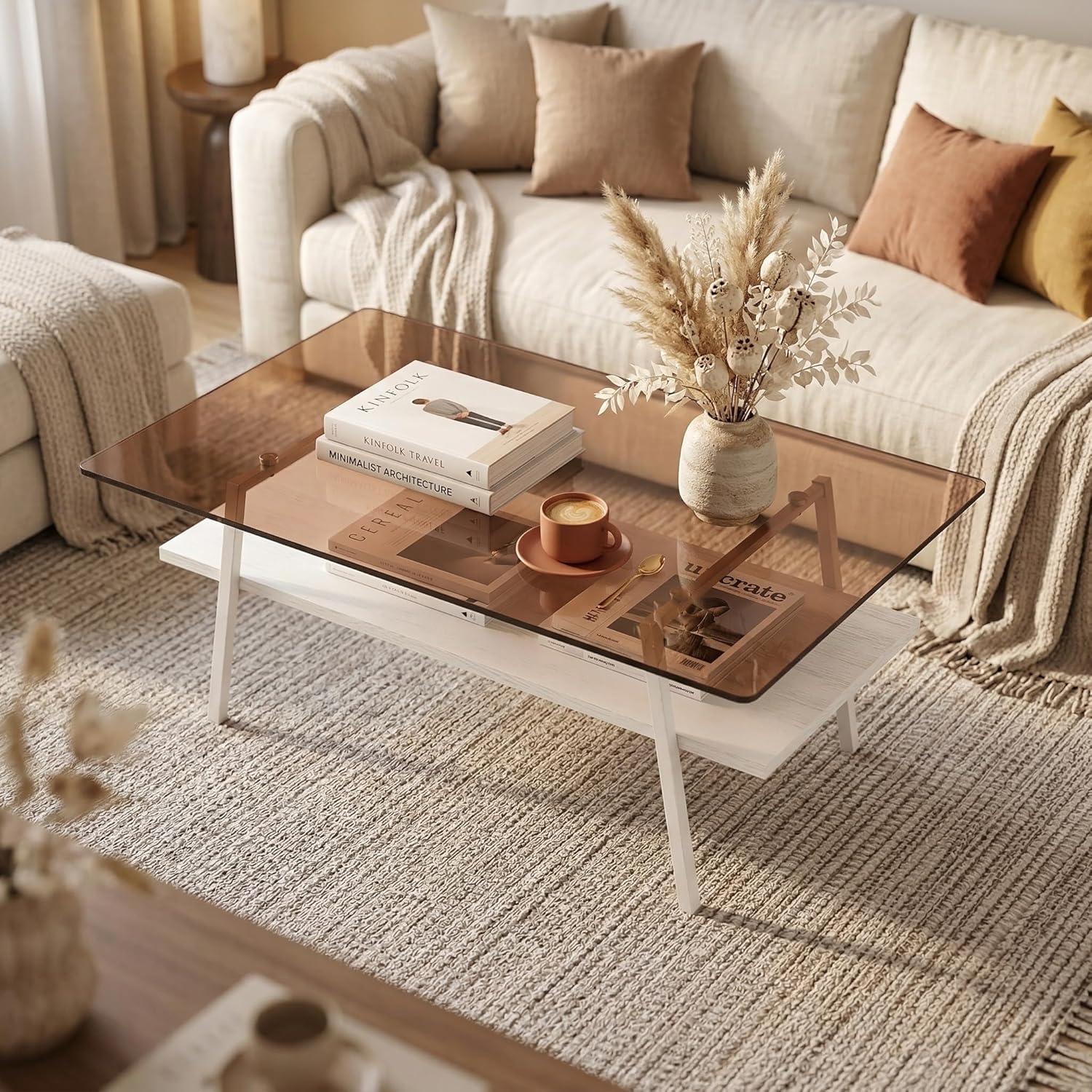 Casaphoria Rectangle Coffee Table, Modern Brown Tempered Glass Top Center Table with White Storage Shelf & Metal Legs, 2-Tier Living Room Furniture, 39 Inch, Easy Assembly