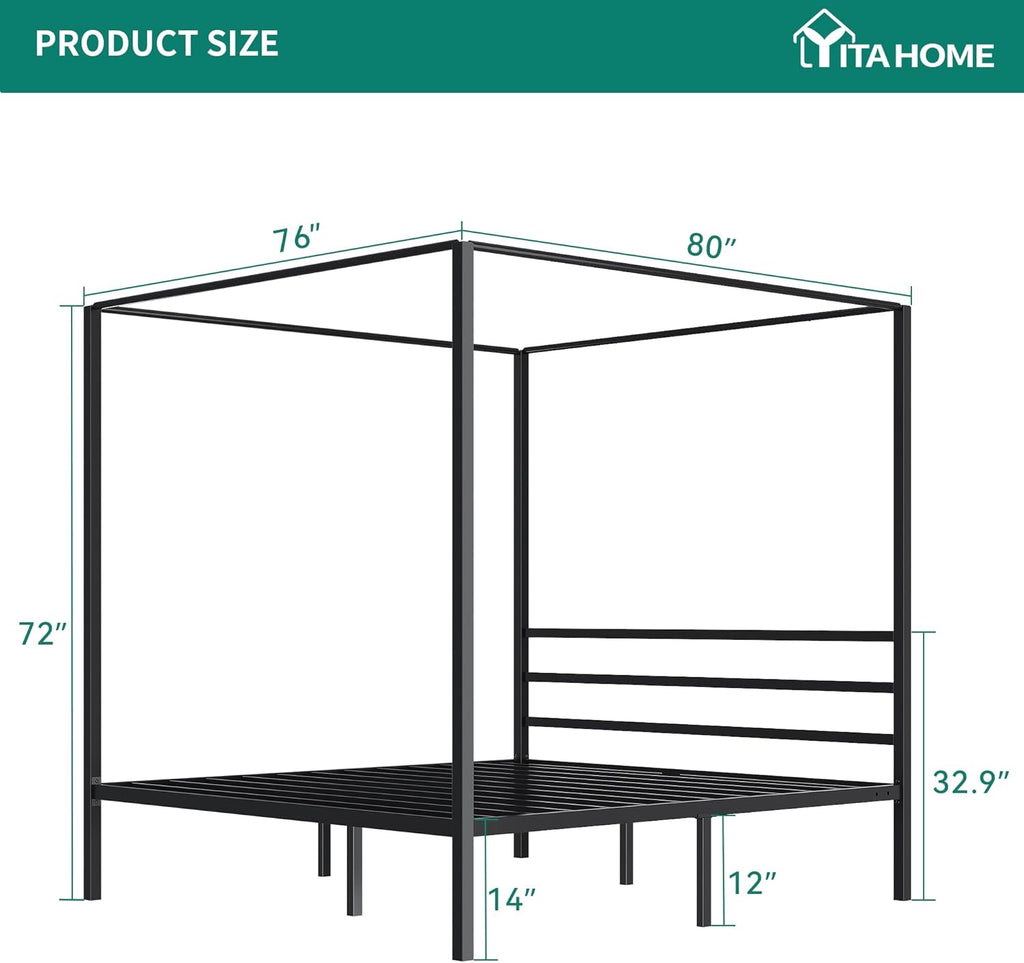 YITAHOME Metal Four Poster Canopy Bed Frame King Size, 14 Inch Platform with Built-in Headboard Strong Metal Slat Mattress Support, No Box Spring Needed, Black