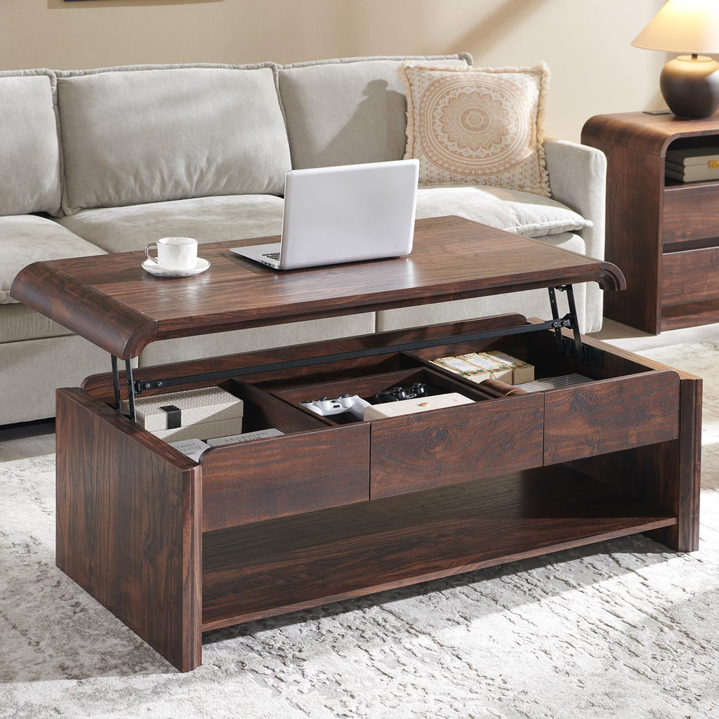 47" Lift Top Coffee Table with Storage, Modern Coffee Table with Pull-Out Drawer and Two-Tier Storage, Rectangle Wood Center Table w/Curved Profile Design for Living Room, Brown