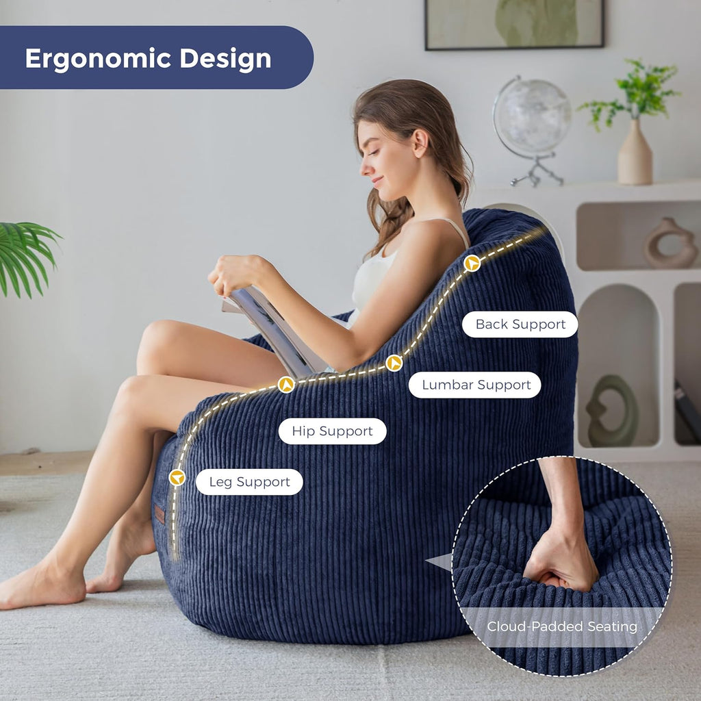 MAXYOYO Bean Bag Chair, Bean Bag Sofa with Filler, Cozy Living Room Chair for Adults and Kids, Stuffed Floor Sofa for Bedroom Dorm Reading, Navy