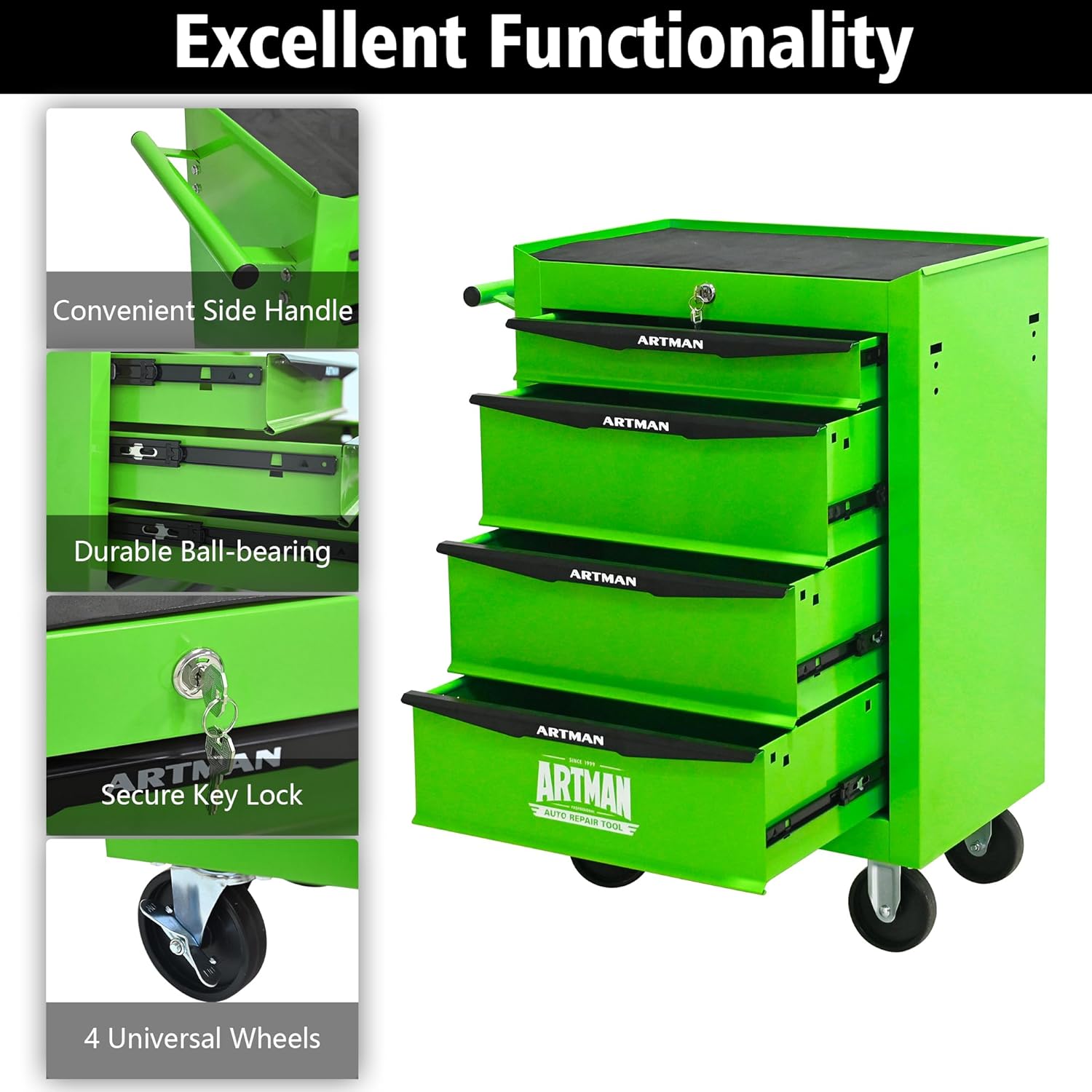Rolling Metal Tool Chest with 4 Drawers, 20" 4-Drawer Tool Chest Cabinet with Ball Bearing Drawer Slides, Steel Tool Storage Box Organizer -Green