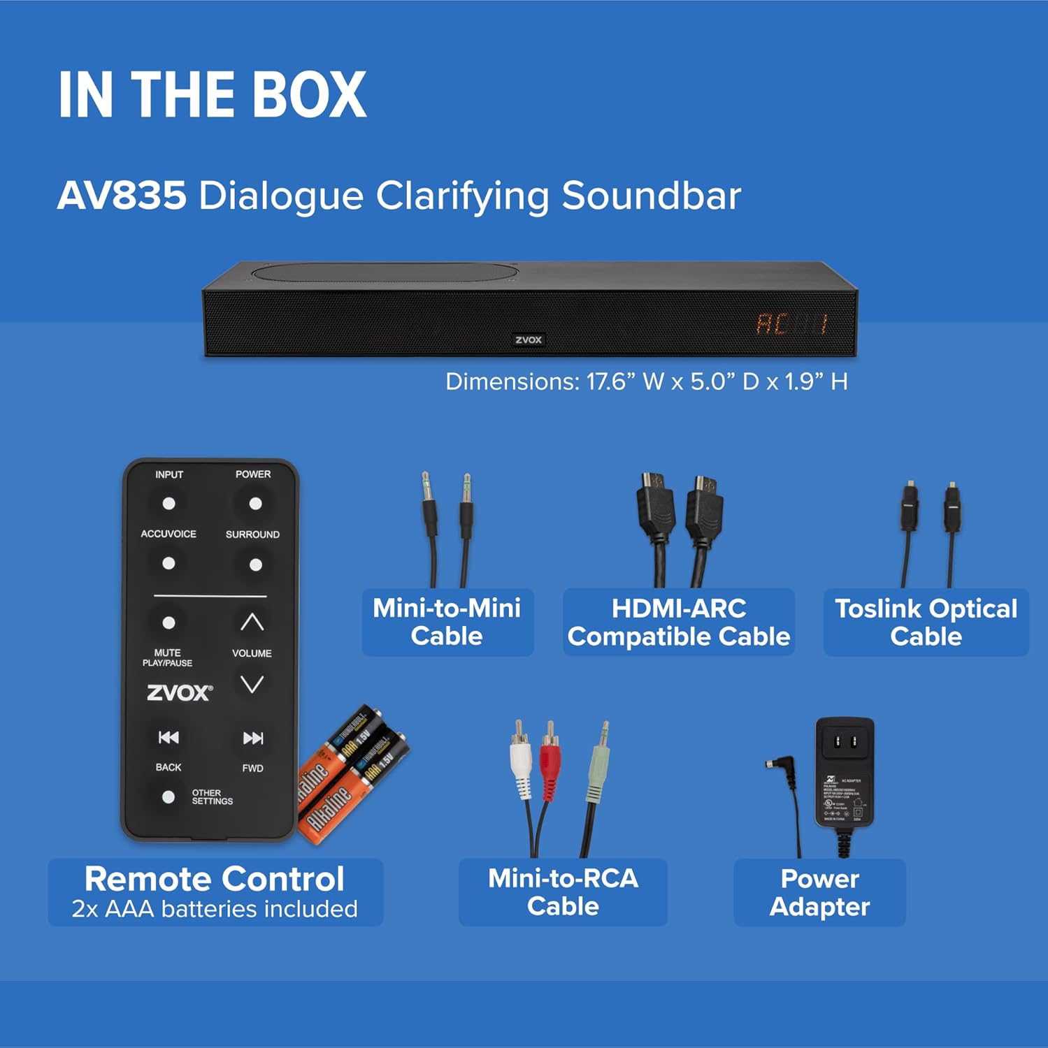 ZVOX AccuVoice AV835 Dialogue Clarifying Soundbar - Patented Hearing Technology with 20 Levels of Voice Boost  Dual Woofers  Low-Profile TV Speaker for Home Theater and Smart TV - Black